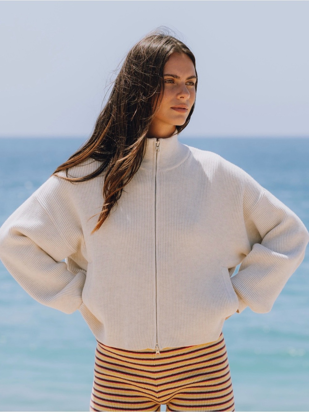 Daily Drills Knit Ribbed Funnel Neck Oatmeal